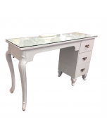 Manicure Table Glass Top w/ Renaissance Legs and Drawers WHITE